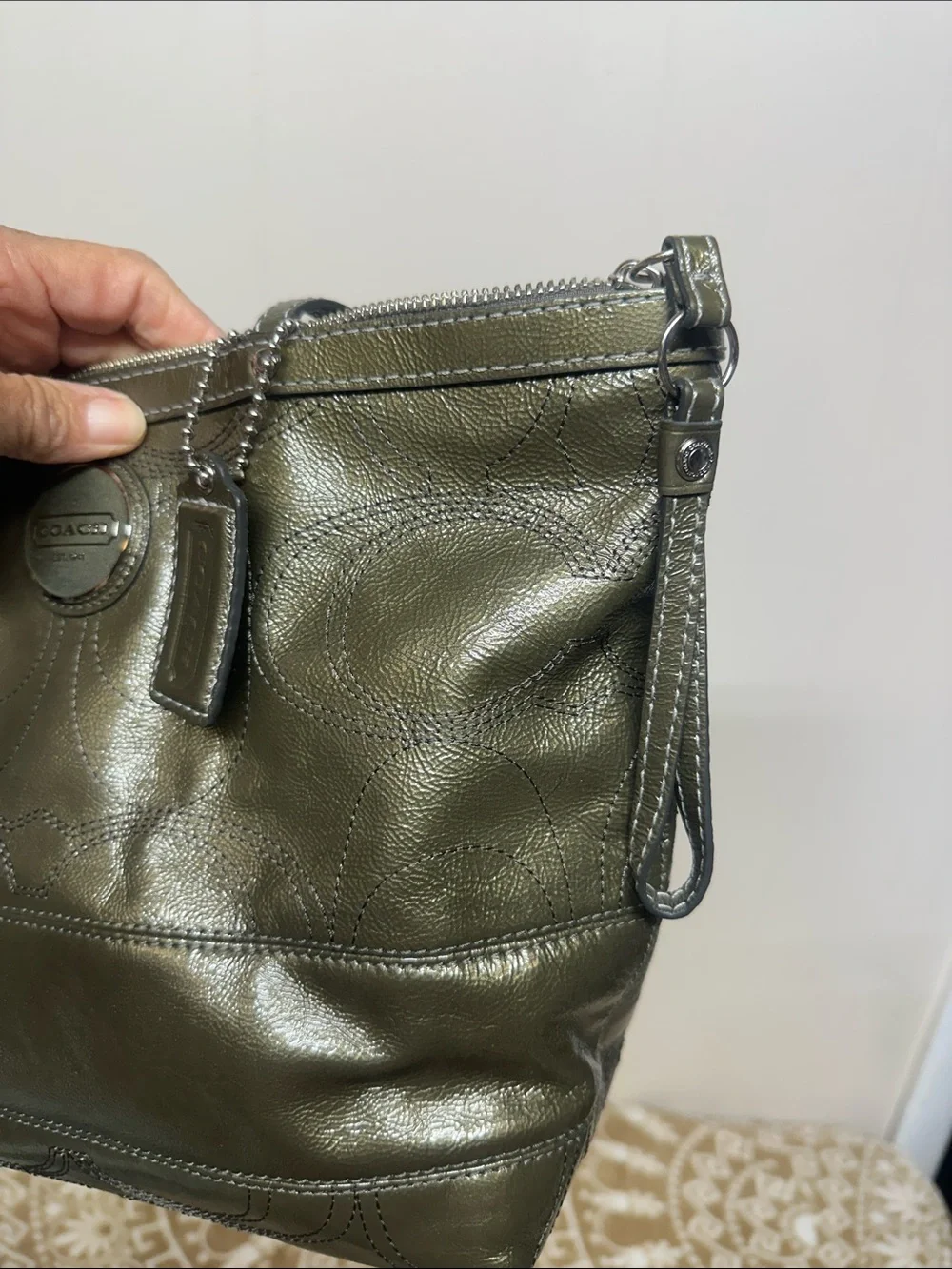 COACH Olive Leather Tote with Signature Charm